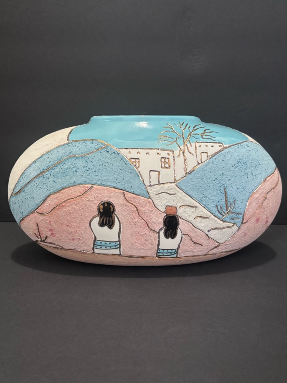 Vintage Hand-Painted Mexican Village Art Ceramic Flower Vase by Guna
